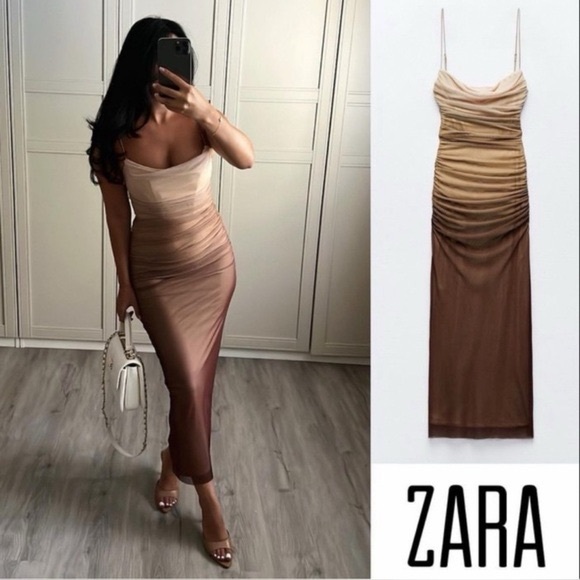 π€ ZARA Bloggers Fav Brown Tulle Ruched Midi Tube Dress. MEDIUM. Great Condition! - Picture 9 of 15